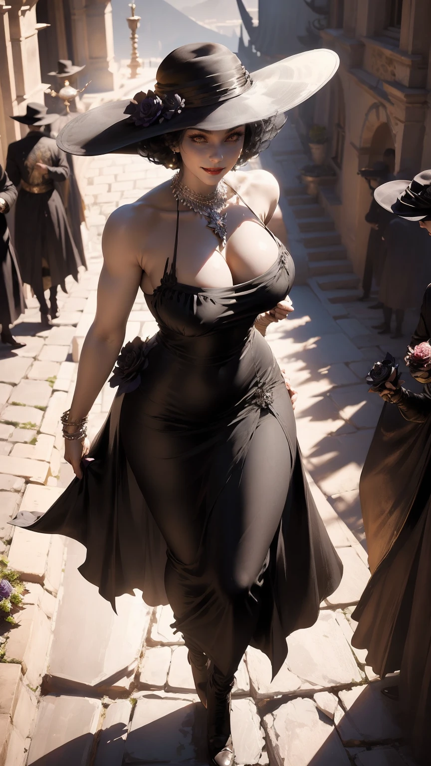 (masterpiece, best quality) 1girl, LadyDimitrescu, light skin, black hair, black flower, black rose, jewelry, breasts, necklace, hat, solo, yellow eyes, flower, dress, makeup, cleavage, pale skin, looking at viewer, earrings, lipstick, red lips, pearl necklace, rose, large breasts, smile, short hair, white dress, black headwear, whole body, sun hat, grin, mature female, brown shoes, walking on the castle