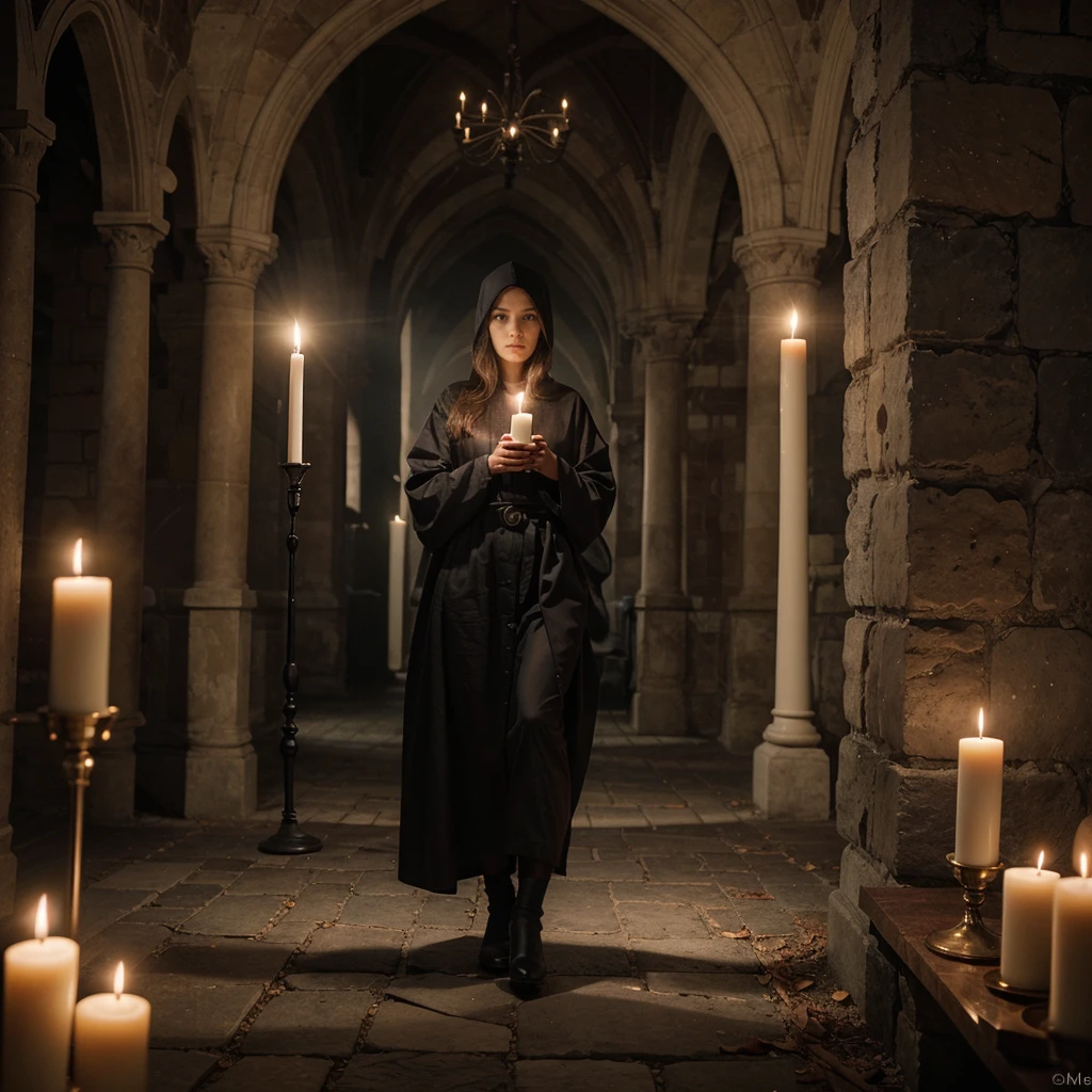 masterpiece, best quality, beautiful very young blonde girls dressed in mysterious robes in a huge old gothic style cathedral, candle lighting, sacrificial ritual, strange ceremony, fog and cold, highly detailed, photorealism, photographic look, RAW style