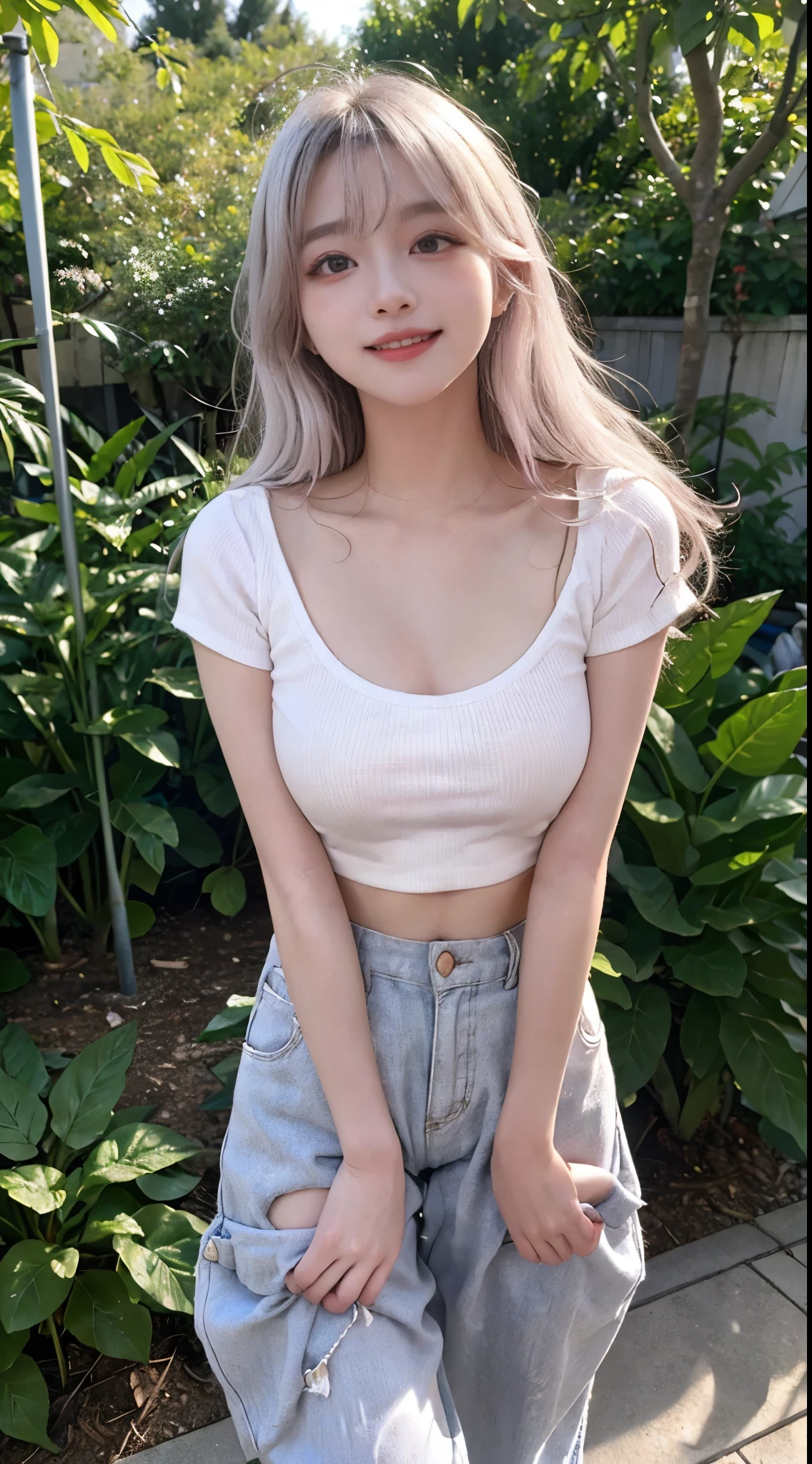 best image quality、Raw photo、Super high resolution、21-year-old Korean、small breasts、dynamic angle、cowboy shot、The most beautiful forms chaos、elegant、Brutal design、Bright colors、short bob、smile、glossy white skin、ランダムな色のbeautiful eyes、Very thin lips in every detail、beautiful eyes、elongated eyes、light pink blush、long eyelashes beautiful double eyelids、eye shadow、beautiful white hair、garden、black cropped top、baggy pants、Self snap、sexy pose、walk