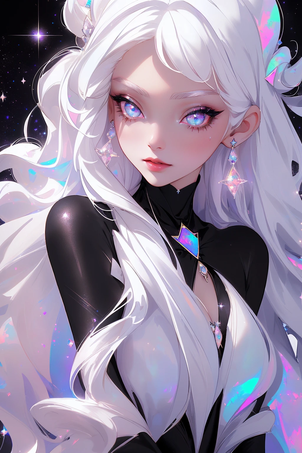 {-erro_de_anatomia:1.0} masterpiece, highest quality, (perfect face:1.1, (high detail)1.1, sweet stardust vampire , long soft white hair, opal eyes, perfectly drawn face, black dress, stars background, prismatic lighting, glitter, whole body,