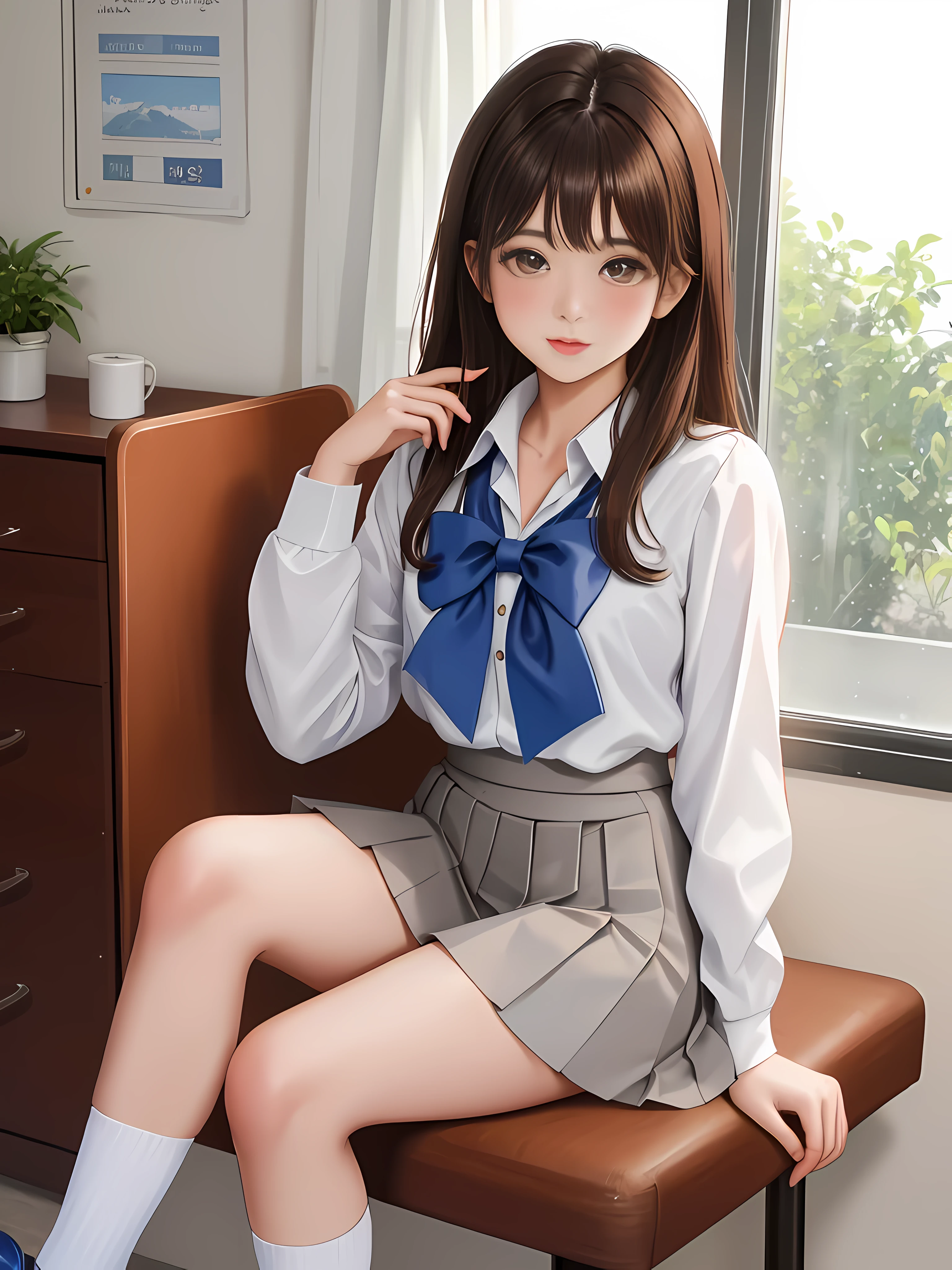 Una hermosa estudiante de secundaria, 17 years old, spanish woman girl, In his bedroom, sentada en una silla cruzando las piernas, mirando por la ventana, en una tarde de invierno, /(waist-length brown hair, recto y largo, ojos color miel, piel blanca,), half sad and nostalgic, tear in your eyes, /(uniforme escolar: Blusa blanca con escote, minifalda plisada azul cielo, white socks with a blue line, lazo rojo en la cabeza, zapatos de charol), /(piernas bien formadas, hourglass shaped athletic body, caderas medianas, small waist, Pecho grande, sexy), detailed symmetrical realistic face, extremadamente detallado natural skin texture, pelusa de durazno, obra maestra, absurdos, nikon d850 film stock photography, camara kodak portra 400 f1.6 lentes, extremadamente detallado, asombroso