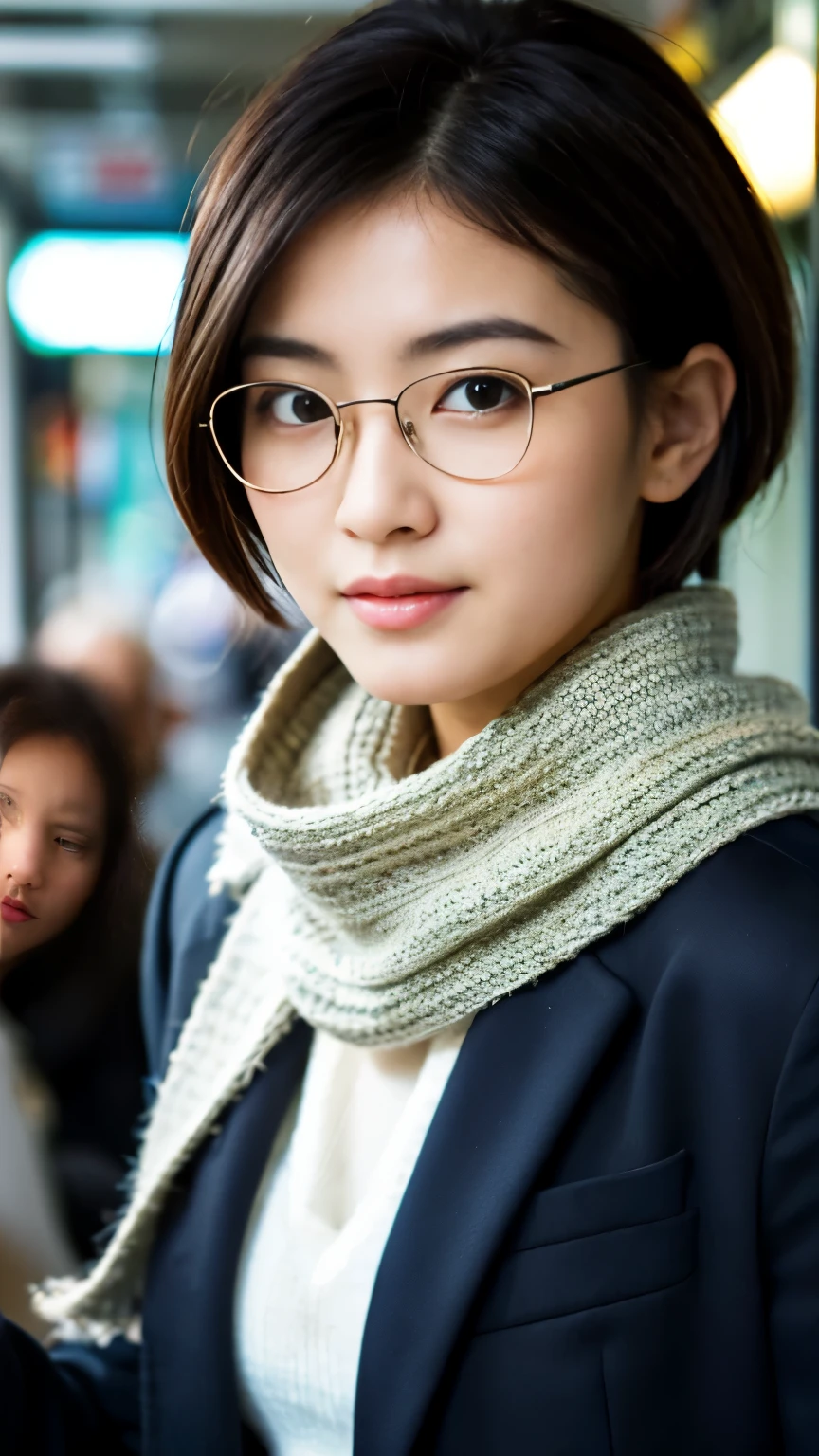 Best-quality, Masterpiece, Ultra-High-Resolution, (Photorealistic:1.4), Raw-Photo, 1girl, the most famous Japanese actress, standing in train, upturned ass, (wearing business-suit, trench-coat, knitted-scarf and stylish-glasses), extremely beautiful face like a most popular Japanese actress, extremely beautiful solid-circle-eyes, extremely beautiful big-black-eyes, extremely beautiful black-short-cut-haired, ((detailed upturned-ass-wearing-business-suit))