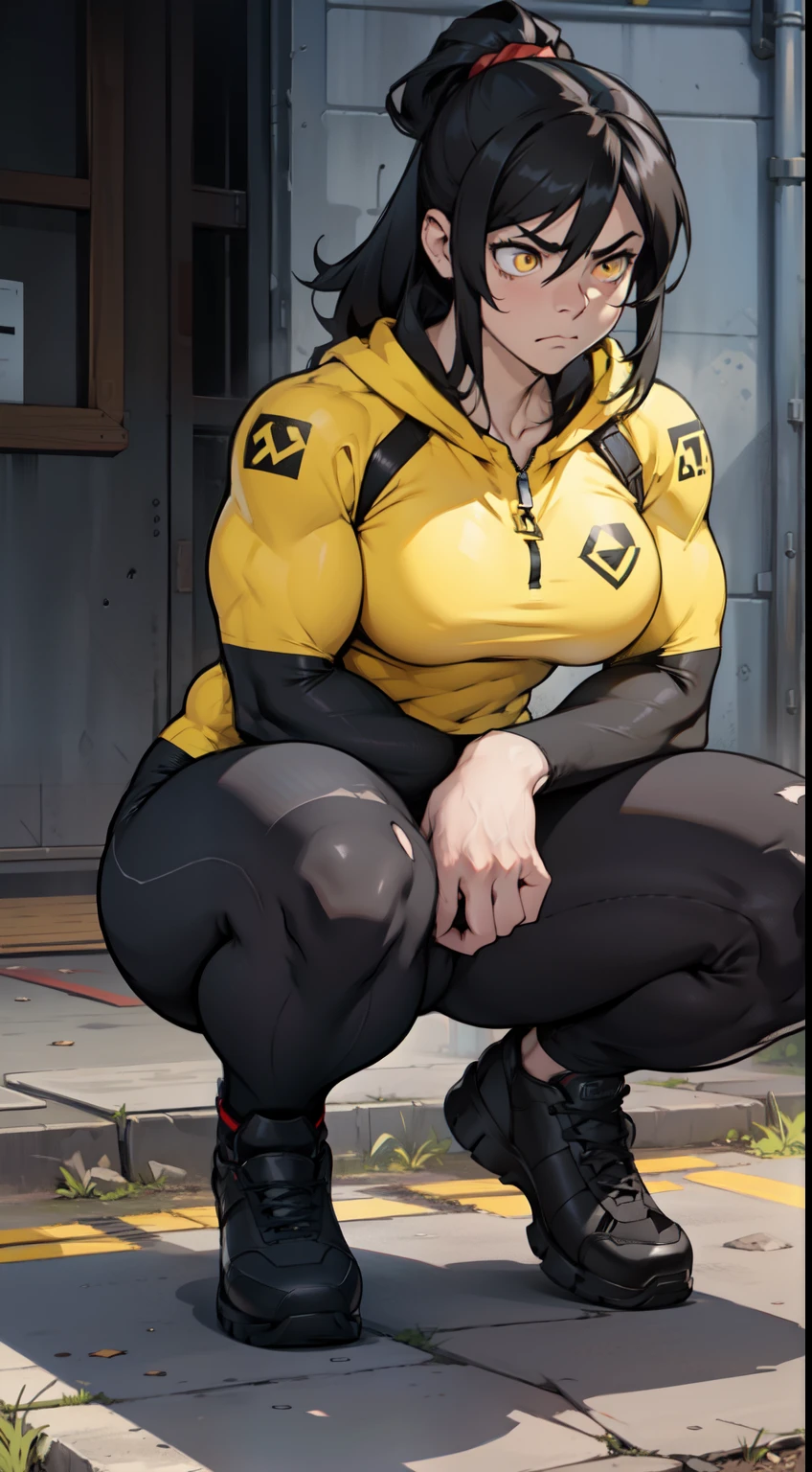 muscular girl large breast thick thighs black hair yellow eyes pale sad frown