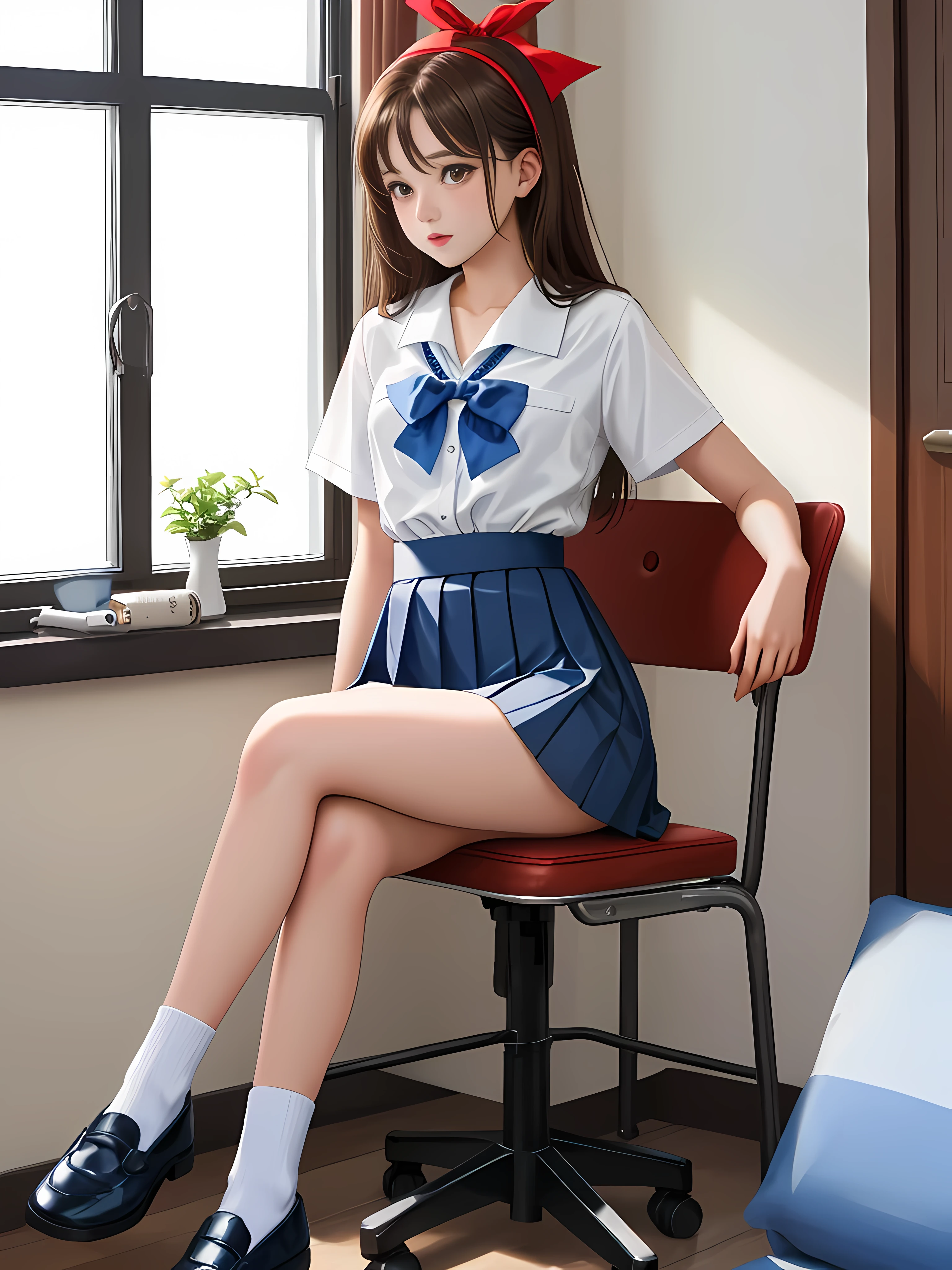 (Highly detailed CG Unity 8k), (best quality)，(Very detailed)，(Ultra-high resolution), 1 female, White cloth gag, , Sailor Suit, Rope bondage, breasts Rope bondage, hands back Rope bondage, leg Rope bondage, thigh Rope bondage, bust Rope bondage, feet rope, Put your arms behind your hips, The wrists are tied, Tie your ankles, Cover your mouth with a white cloth, Dark blue skirt, The rocking horse is too high，My feet can&#39;Unable to reach.., (His feet are on the rocking horse:1.4), Crying face, Stock Quotes, (Black Hair:1.4),