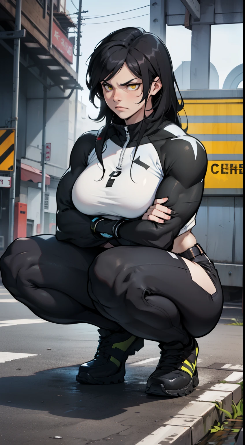 sad frown muscular girl muscular girl black hair yellow eyes pale skin breasts full body squatting
