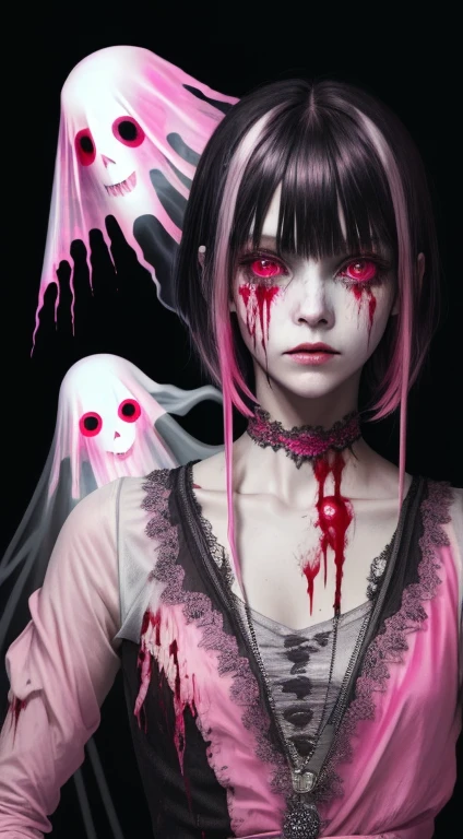 (masterpiece, best quality:1.2), cover image, splashed color background, highly detailed, colorful black, 1 girl, long silver hair, red eyes, blood on eye, head in the hand, short hair, blunt bangs, mannequin, cool face, ((( pink sexy ghost))), illustration, horror art, dread, creepy, blood, blood eyes, gore,