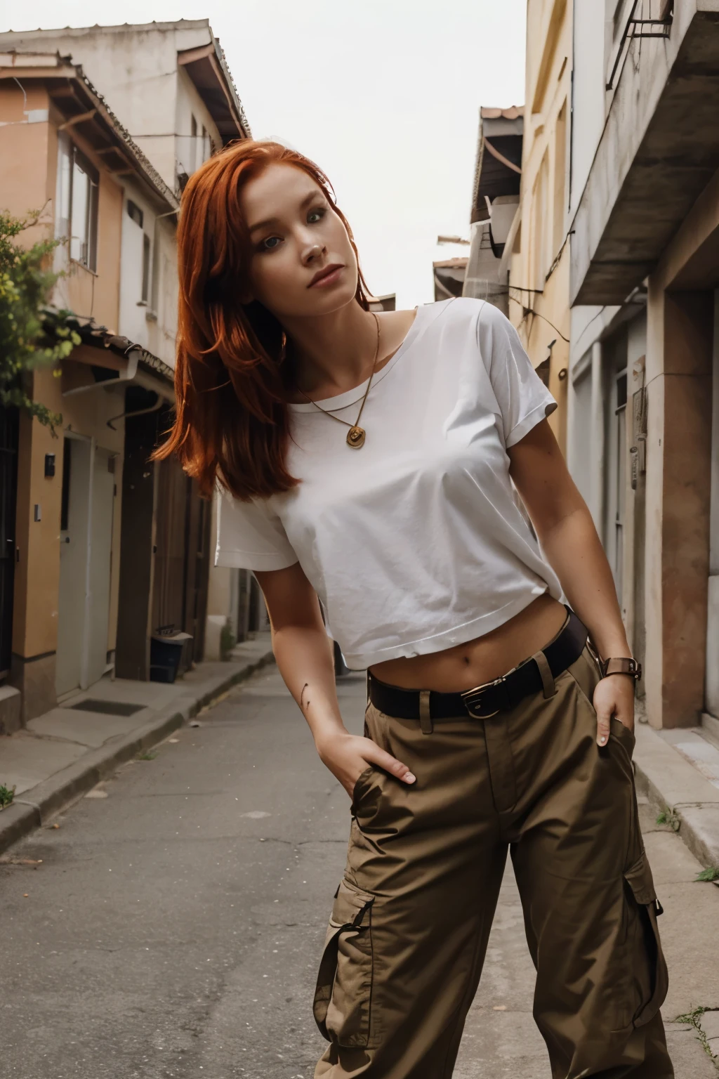 Woman red hair beautiful small mouth, with cargo pants, camisa corta muy realista