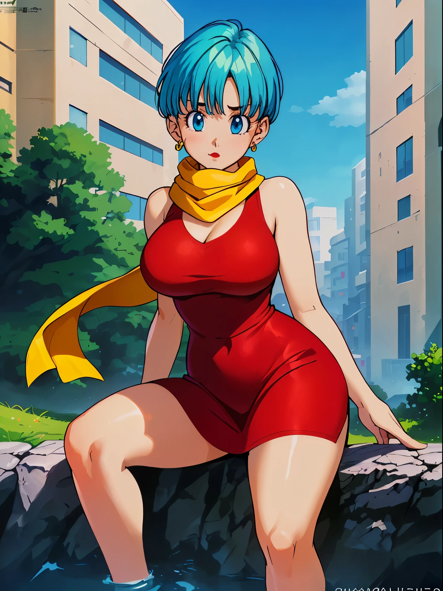 Masterpiece, Best quality, Highest quality, (Perfect lighting), (Photorealistic), Perfect anatomy, Perfect face, Perfect eyes, 
 bulmadbzreddress, aquamarine hair, Short hair, Blue eyes, Earrings, Red dress, Yellow scarf, Blue sky, Clouds, on a cliff looking at a city, (BishoujoMom: 1.5), very tight red dress, legs that open, ((Huge breasts, cleavage))), ((Thick thighs, Hourglass figure)), (Topless), 1.5) ((thick and red lips), ((Blue eyes)), ((aquamarine hair)) Photorealistic, Photo, Masterpiece, Realistic, Realism,  Photorealism, Photorealism, High contrast, photorealistic digital art trend on Artstation 8k HD HD realistic detailed, Detailed, Skin texture, ultra - detailed, Realistic skin texture, Best quality, 超高分辨率 (Photorealistic: 1.4), high resolution, Detailed, RAW photo, Sharp Re, author：Lee Jeffreys Nikon D850 Film Stock Photography 4 Kodak Portra 400 Camera F1.6 lens rich colors realistic texture hyper-realistic dramatic lighting unrealEngine trend in ArtStation CineStill 800,