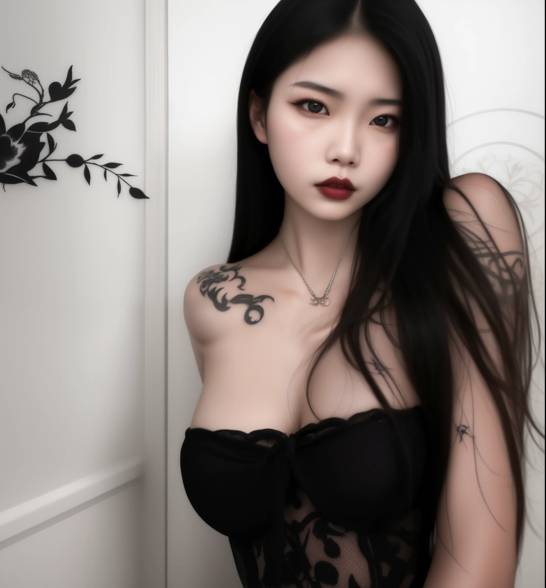 there a woman with a tattoo on her chest posing for a picture, cruel korean goth girl, asian girl, beautiful asian girl, pale goth beauty, 18 years old, beautiful detailed body and face, asian features, 1 , korean girl, with long hair and piercing eyes, asian nymph bald goddess, chinese girl, japanese goddess