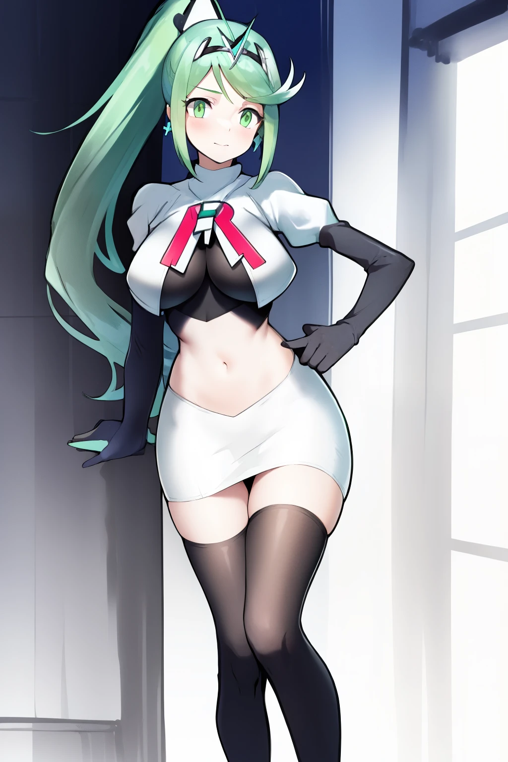pneuma \(xenoblade\), 1girl, absurdres, bangs, breasts, earrings, green eyes, green hair, headpiece, highres, inuisbink, jewelry, large breasts, long hair, ponytail, solo, swept bangs, tiara, very long hair, xenoblade chronicles \(series\), (xenoblade chronicles 2), team rocket,team rocket uniform,white skirt,red letter R,crop top,black thigh-highs,black elbow gloves