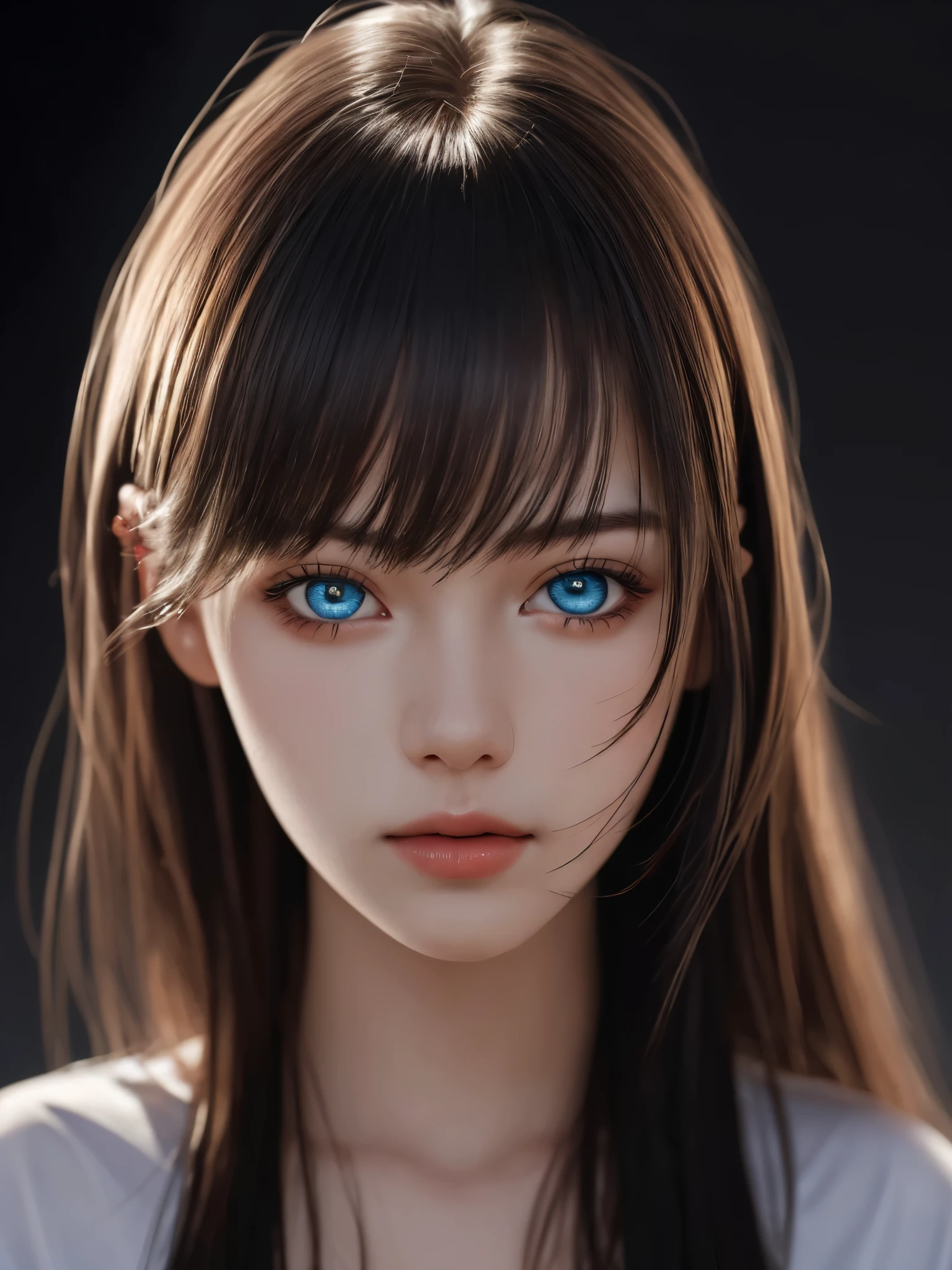 best quality, masterpiece, ultra high resolution, (lifelike:1.37), original photo, 1 girl, long hair, beautiful eyes, beautiful face, Detailed eyes and face, t-shirt, dynamic lighting, in the darkness, deep shadow, low profile, cowboy shooting