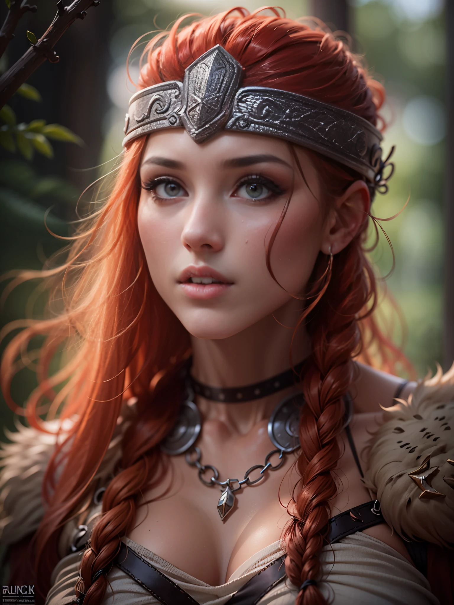 Masterpiece, best quality, brilliant details, cinematic lighting, exciting perspective, young pretty woman, beautiful face, perfect eyes, big firm breasts, perfect proportions, Norse type, flawless skin, textured skin, bikini outfit, cameltoe, cinematic pose, red hair, Viking warrior, Nordic forest