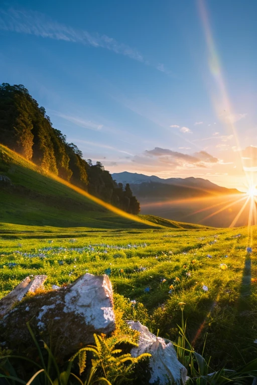 valley,blue-white shining crystal,sunrise,strata