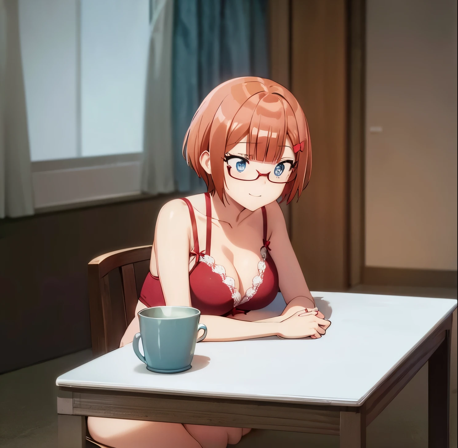 ((table)), ((Best quality)), (Ultra detailed), anime style, from below looking up, in bed, Cute girl, 1 girl in, Alone, Rizu ogata, blue eyes, red glasses, hair short, orange hair, white lingerie, bra with lace, thong with lace, ((pretty eyes)), smile, big breasts, medium waist, wide hips, medium thighs, good anatomy, good hands