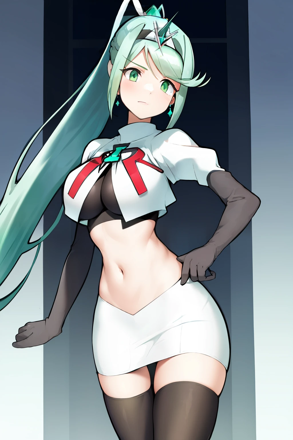 pneuma \(xenoblade\), 1girl, absurdres, bangs, breasts, earrings, green eyes, green hair, headpiece, highres, inuisbink, jewelry, large breasts, long hair, ponytail, solo, swept bangs, tiara, very long hair, xenoblade chronicles \(series\), (xenoblade chronicles 2), team rocket,team rocket uniform,white skirt,red letter R,crop top,black thigh-highs,black elbow gloves

