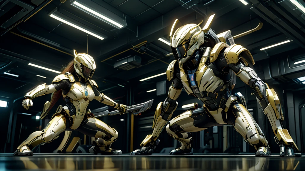 "Create a stunning digital artwork with the highest resolution and lighting, depicting a highly detailed black android, adorned with vibrant golden elements, masterfully wielding two futuristic gunblades. Add a touch of intensity and realism to the scene, highlighting the metallic shine of weapons and golden luminosity amidst a futuristic combat environment. Don't forget to include a loyal mechanical dog and a red dragonet that accompany the android on the battlefield, adding dynamism and depth to the overall composition."