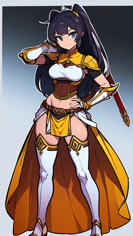 (((Best Quality))) , ((full body)), female, reference sheet, solo, (white background), holding sword, gauntlets, waist armor, thigh high, loincloth, sarong, standing,
