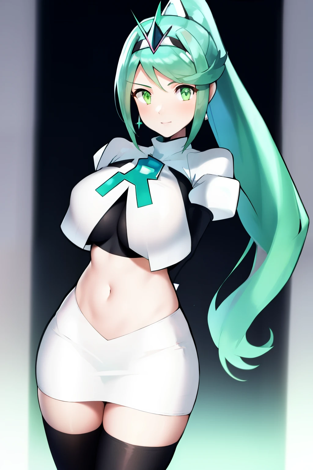 pneuma \(xenoblade\), 1girl, absurdres, bangs, breasts, earrings, green eyes, green hair, headpiece, highres, inuisbink, jewelry, large breasts, long hair, ponytail, solo, swept bangs, tiara, very long hair, xenoblade chronicles \(series\), (xenoblade chronicles 2), team rocket,team rocket uniform,white skirt,red letter R,crop top,black thigh-highs,black elbow gloves

