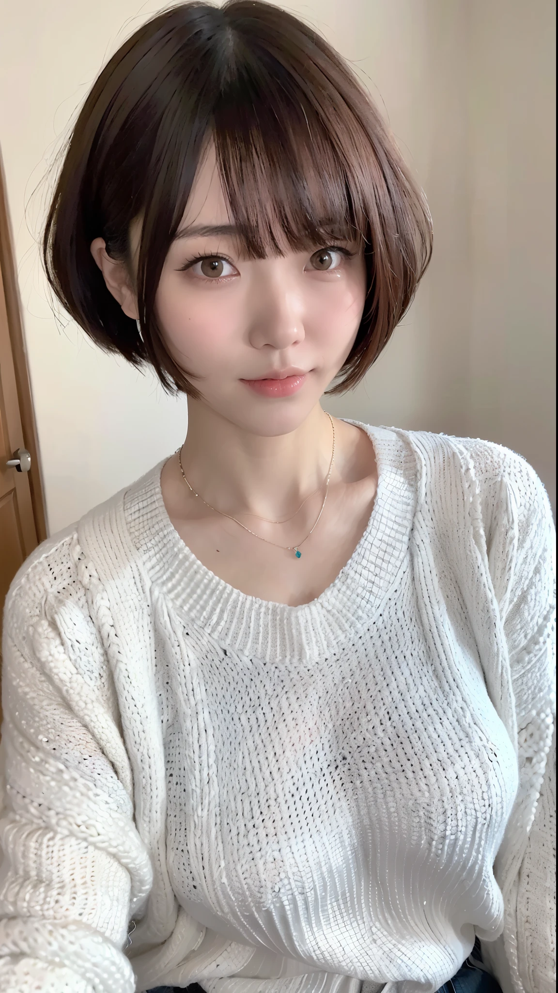 (Best quality, 8k, 32k, Masterpiece, UHD:1.2),Photo of Pretty Japanese woman, large breasts, very short bob hair,upper body,face focus,oversized_sweater, necklace, simple background, from above, looking at viewer,