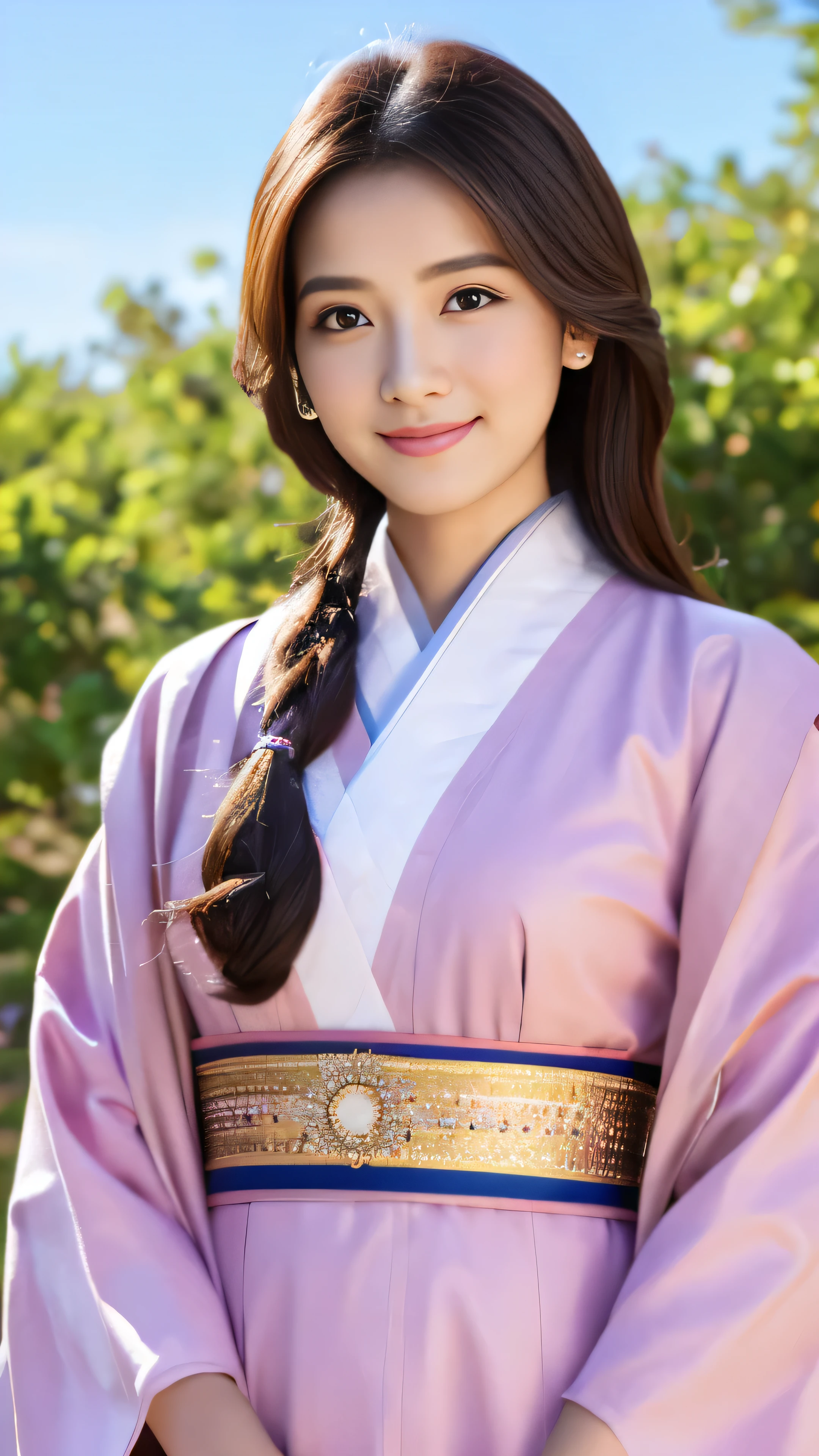 high quality images,alone, 1 girl, eye details,, chestnut hair, looking at the viewer, portrait, detailed drawings and faces, long hair, closed mouth,Unparalleled beauty details,The surroundings are shining, pink kimono,Full body high-definition painting,blue sky and white clouds,Full body high-definition painting,