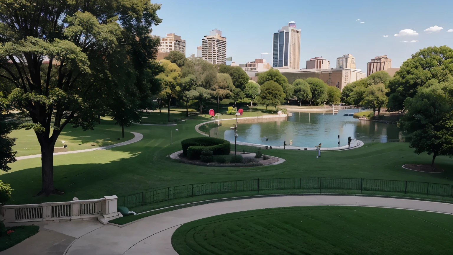 balcony view, park and lake, lawn, city background, no one, daytime, high details