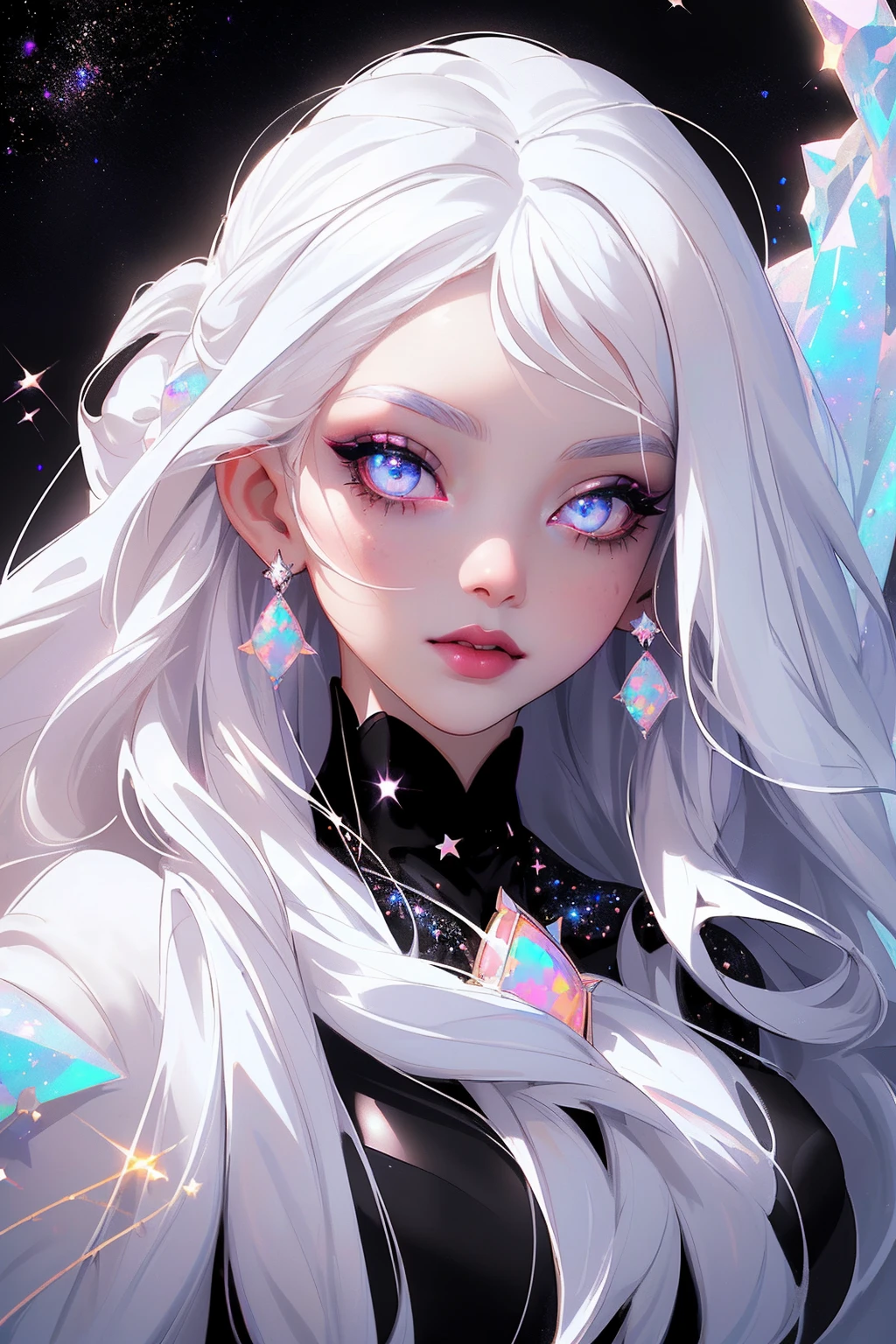 {-erro_de_anatomia:1.0} masterpiece, highest quality, (perfect face:1.1, (high detail)1.1, sweet stardust vampire , long soft white hair, opal eyes, perfectly drawn face, black dress, stars background, prismatic lighting, glitter, whole body,