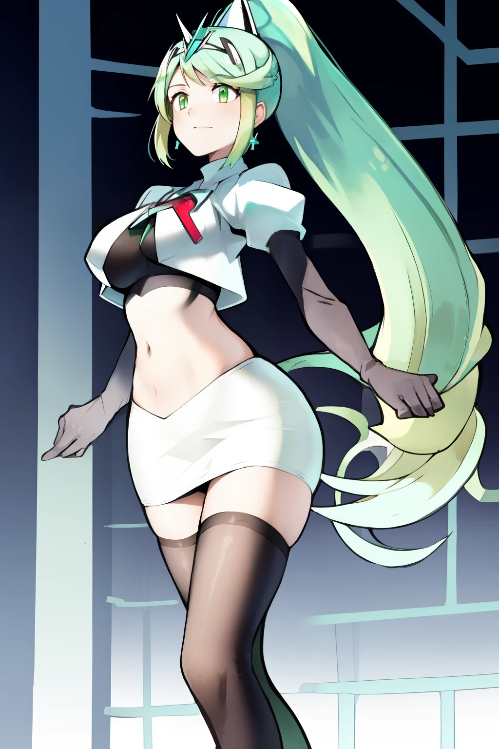 pneuma \(xenoblade\), 1girl, absurdres, bangs, breasts, earrings, green eyes, green hair, headpiece, highres, inuisbink, jewelry, large breasts, long hair, ponytail, solo, swept bangs, tiara, very long hair, xenoblade chronicles \(series\), (xenoblade chronicles 2), team rocket,team rocket uniform,white skirt,red letter R,crop top,black thigh-highs,black elbow gloves