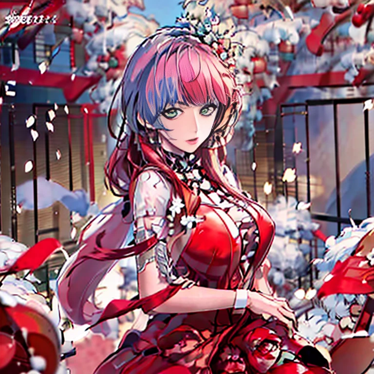 Anime girl with red hair and green eyes standing in the garden, anime style 4k, anime art wallpaper 4k, anime art wallpaper 4k, beautiful anime girl, anime art wallpaper 8k, zerochan art, beautiful anime artwork, Cute girl anime visual, Cute anime wife in a nice dress, beautiful anime art, beautiful anime portrait