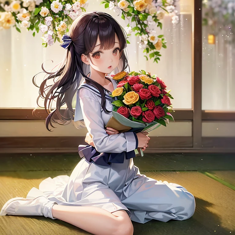Anime girl sitting on the floor with a bouquet of flowers, with flowers, Cute girl anime visual, Kantai Collection Style, iwakura lain, sitting with flowers, Marin Kitagawa fanart, happy and energetic look, ( ( ( yoshinari yoh ) ) ), nishimiya shouko, Makoto, high quality portrait, shikamimi