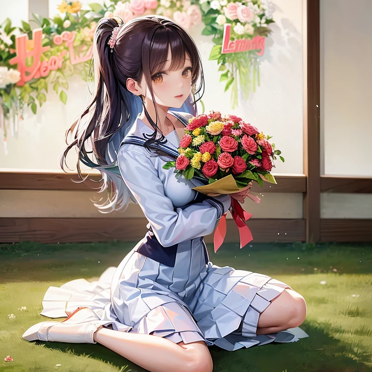 Anime girl sitting on the floor with a bouquet of flowers, with flowers, Cute girl anime visual, Kantai Collection Style, iwakura lain, sitting with flowers, Marin Kitagawa fanart, happy and energetic look, ( ( ( yoshinari yoh ) ) ), nishimiya shouko, Makoto, high quality portrait, shikamimi