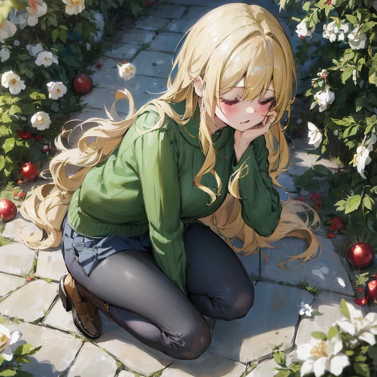 Anime girl kneeling on the ground holding her head in both hands, blonde long hair anime girl, long hair anime girl, anime girl squatting, Cute girl anime visual, violet evergarden, beautiful anime girl, cute anime girl, Marin Kitagawa fanart, Google on pixiv artstation, beautiful anime girl squatting