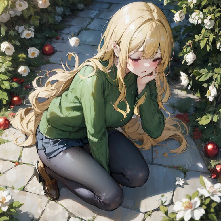 Anime girl kneeling on the ground holding her head in both hands, blonde long hair anime girl, long hair anime girl, anime girl squatting, Cute girl anime visual, violet evergarden, beautiful anime girl, cute anime girl, Marin Kitagawa fanart, Google on pixiv artstation, beautiful anime girl squatting