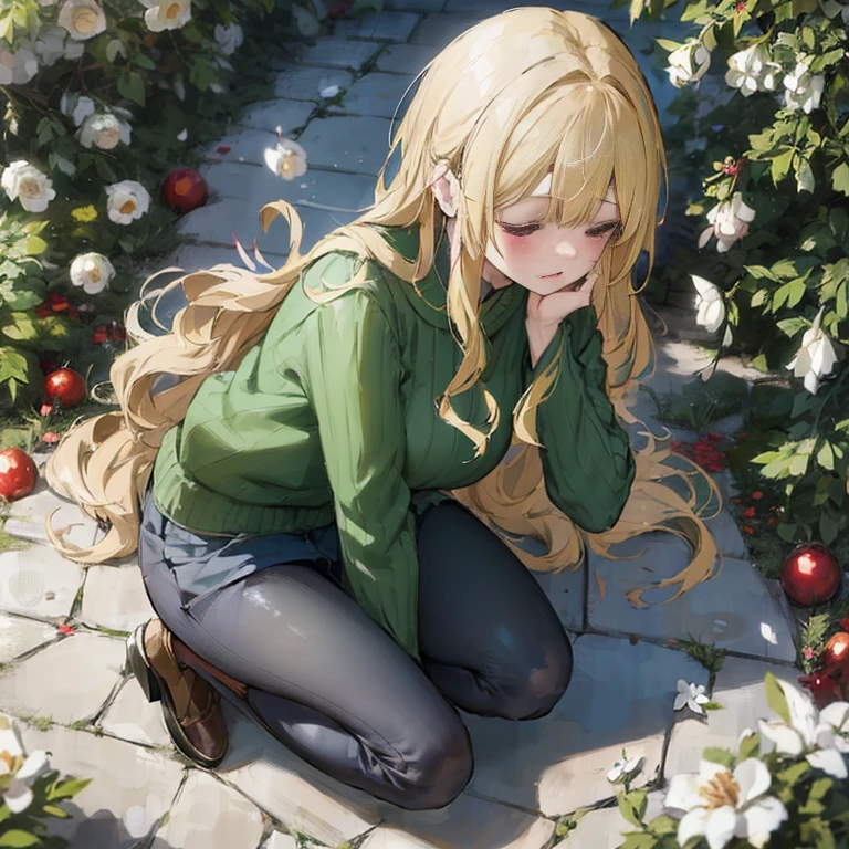 Anime girl kneeling on the ground holding her head in both hands, blonde long hair anime girl, long hair anime girl, anime girl squatting, Cute girl anime visual, violet evergarden, beautiful anime girl, cute anime girl, Marin Kitagawa fanart, Google on pixiv artstation, beautiful anime girl squatting