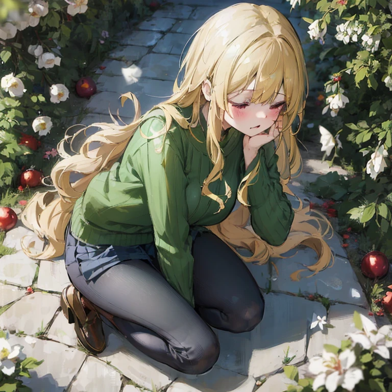 Anime girl kneeling on the ground holding her head in both hands, blonde long hair anime girl, long hair anime girl, anime girl squatting, Cute girl anime visual, violet evergarden, beautiful anime girl, cute anime girl, Marin Kitagawa fanart, Google on pixiv artstation, beautiful anime girl squatting