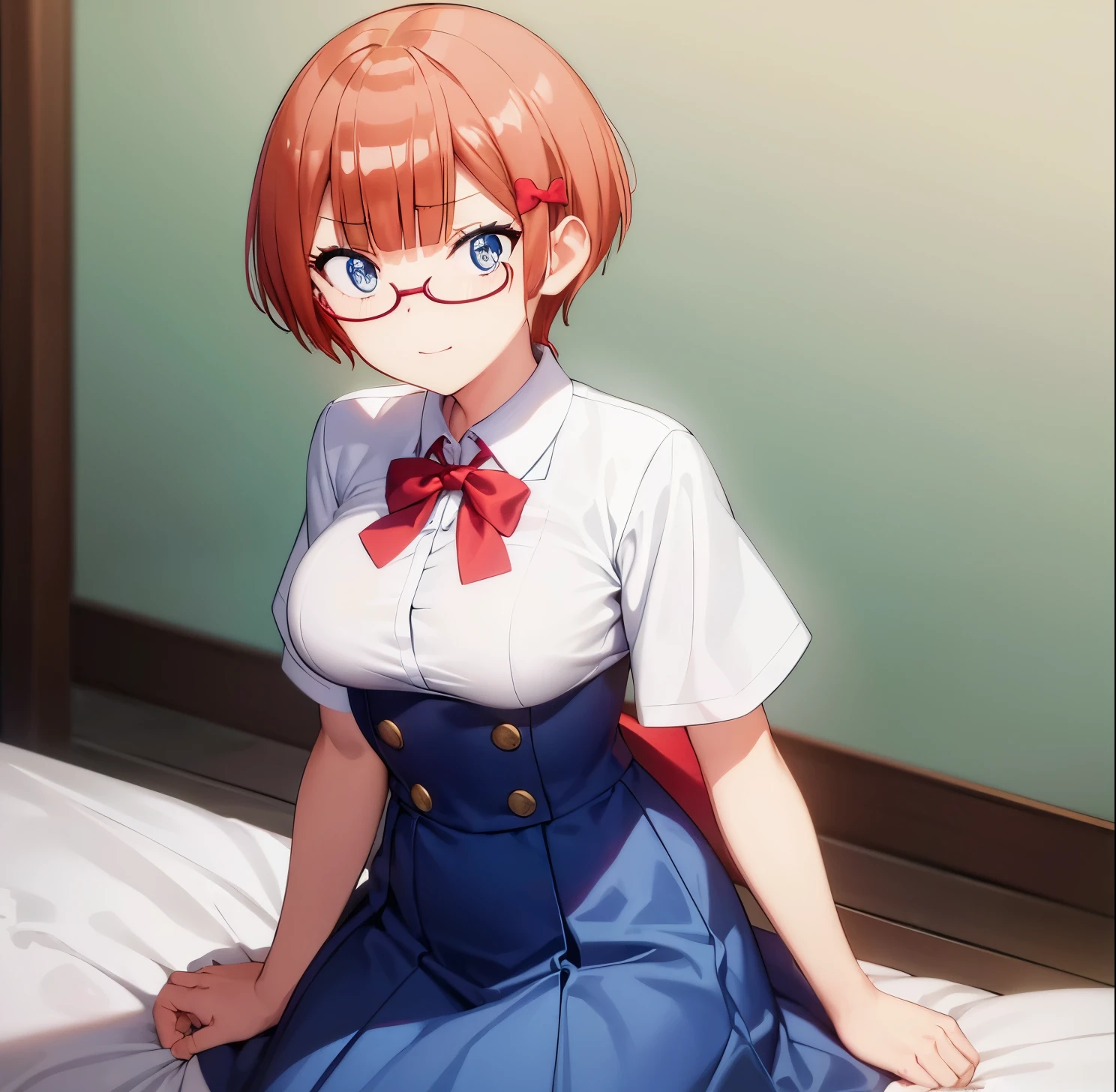 ((masterpiece)), ((Best quality)), (Ultra detailed), in bed, Sailor suit, white shirt, red bow tie, blue skirt, white socks, ((pretty eyes)), short hair, breasts big, 1 girl at school, Sola, Rizu ogata, blue eyes, red glasses, short hair, orange hair, ((pretty eyes)), smile, big breasts, medium waist, wide hips, medium thighs, good anatomy, good hands