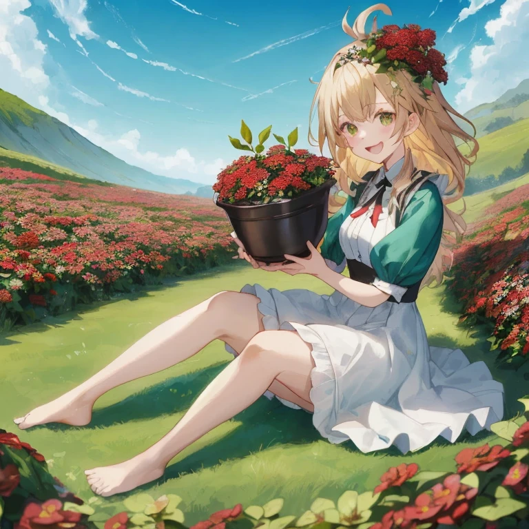 Anime girl sitting in a field holding a pot of flowers, Gweiz on pixiv artstation, splash art anime change, change, Gweiz on artstation pixiv, Gweiz, in the flower field, change in dress, official art, Kushart Krenz Key Art Feminine, beautiful maiden, High resolution in the field