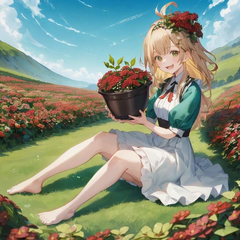 Anime girl sitting in a field holding a pot of flowers, Gweiz on pixiv artstation, splash art anime change, change, Gweiz on artstation pixiv, Gweiz, in the flower field, change in dress, official art, Kushart Krenz Key Art Feminine, beautiful maiden, High resolution in the field