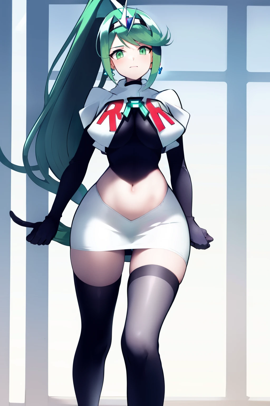 pneuma \(xenoblade\), 1girl, absurdres, bangs, breasts, earrings, green eyes, green hair, headpiece, highres, inuisbink, jewelry, large breasts, long hair, ponytail, solo, swept bangs, tiara, very long hair, xenoblade chronicles \(series\), (xenoblade chronicles 2), team rocket,team rocket uniform,white skirt,red letter R,crop top,black thigh-highs,black elbow gloves

