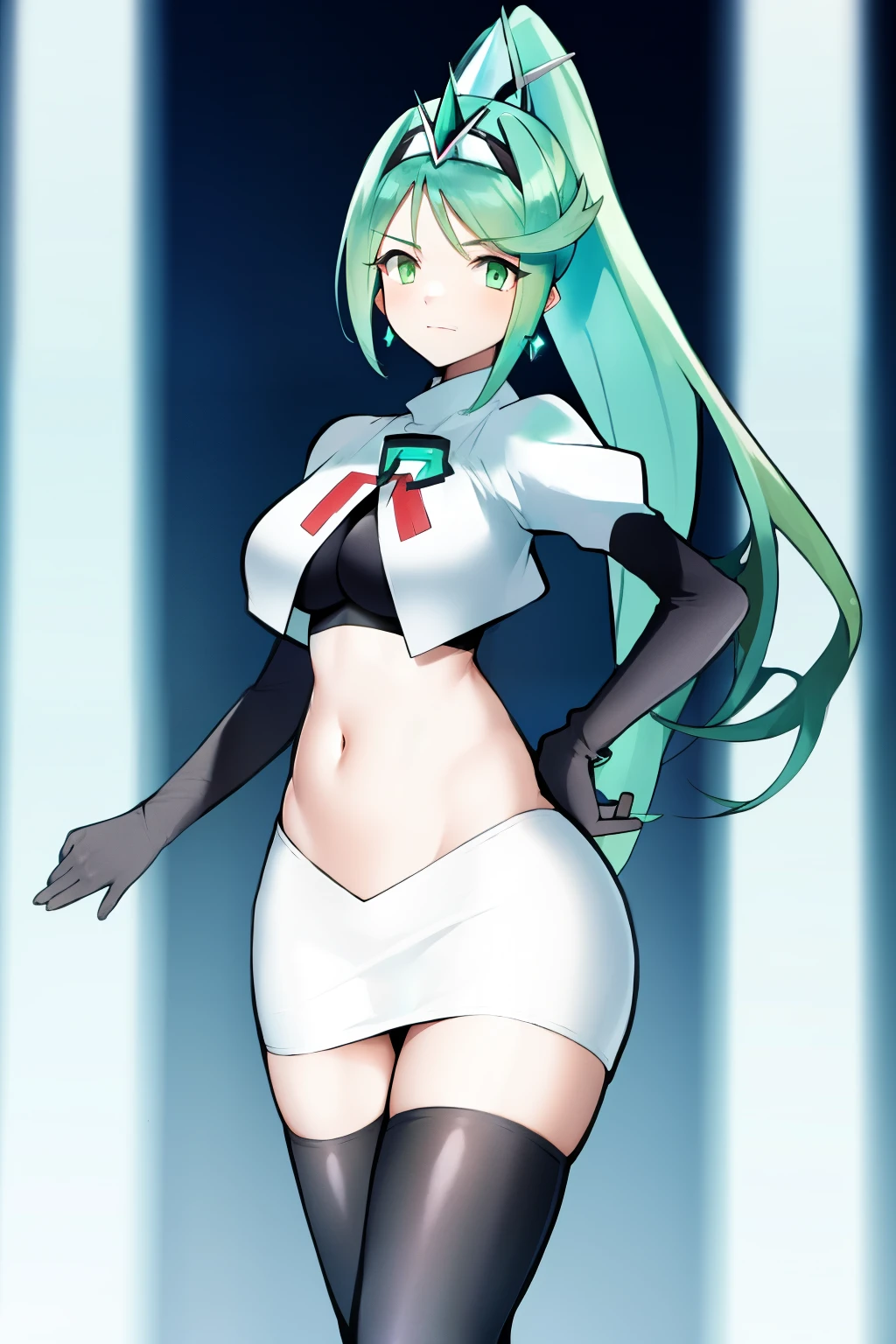 pneuma \(xenoblade\), 1girl, absurdres, bangs, breasts, earrings, green eyes, green hair, headpiece, highres, inuisbink, jewelry, large breasts, long hair, ponytail, solo, swept bangs, tiara, very long hair, xenoblade chronicles \(series\), (xenoblade chronicles 2), team rocket,team rocket uniform,white skirt,red letter R,crop top,black thigh-highs,black elbow gloves

