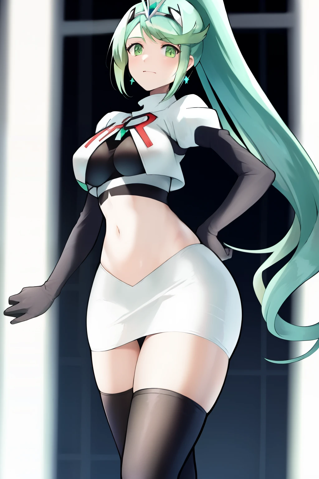 pneuma \(xenoblade\), 1girl, absurdres, bangs, breasts, earrings, green eyes, green hair, headpiece, highres, inuisbink, jewelry, large breasts, long hair, ponytail, solo, swept bangs, tiara, very long hair, xenoblade chronicles \(series\), (xenoblade chronicles 2), team rocket,team rocket uniform,white skirt,red letter R,crop top,black thigh-highs,black elbow gloves

