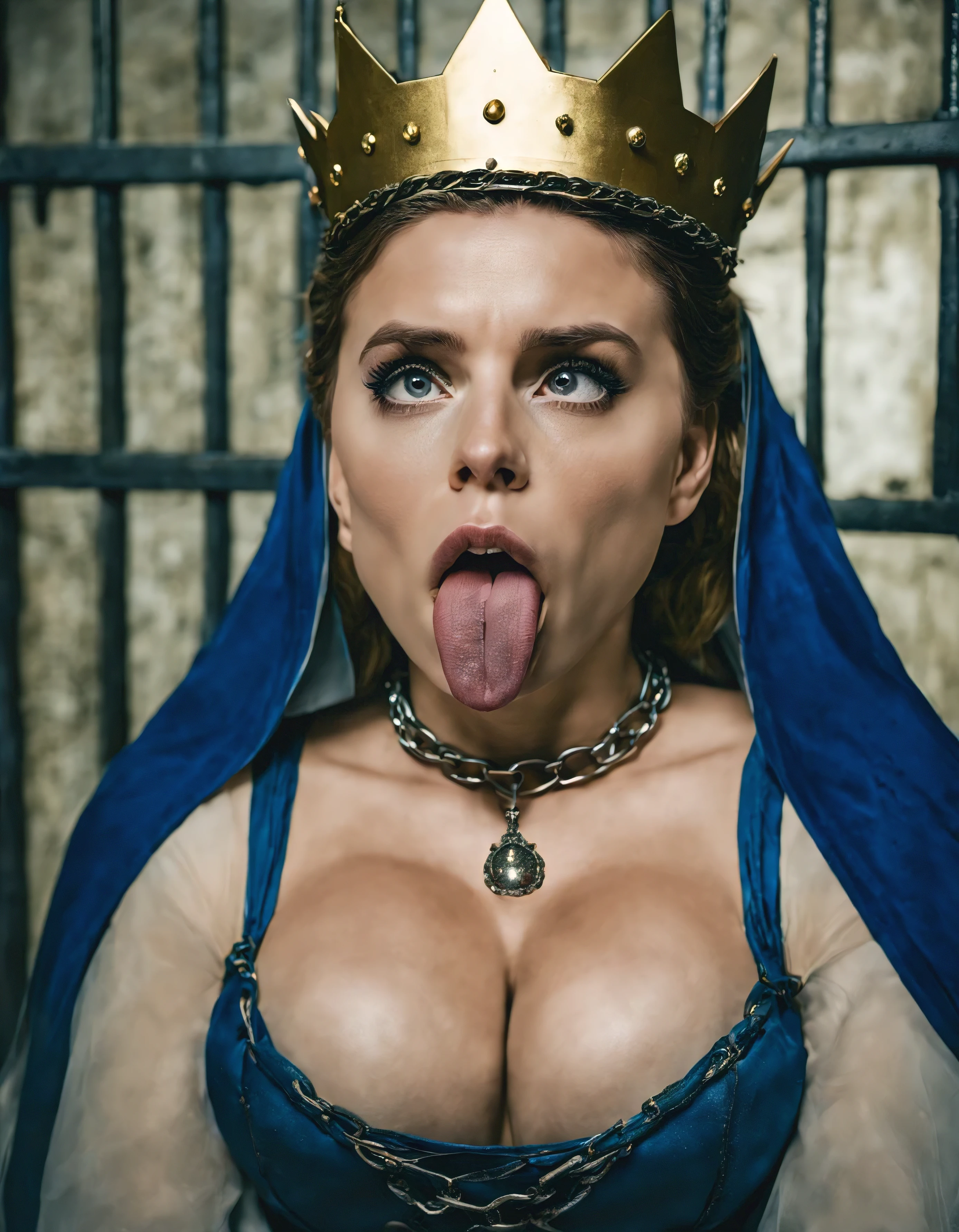 cinematic film still of Evil Queen (tongue out)  a close shot of massive cleavage woman (ahegao) in a golden crown and blue costume is tied up in a prison cell with rusty silver chains in middle ages in 1500s 15th century, shallow depth of field, vignette, highly detailed, high budget, bokeh, cinemascope, moody, epic, gorgeous, film grain, grainy, high saturation