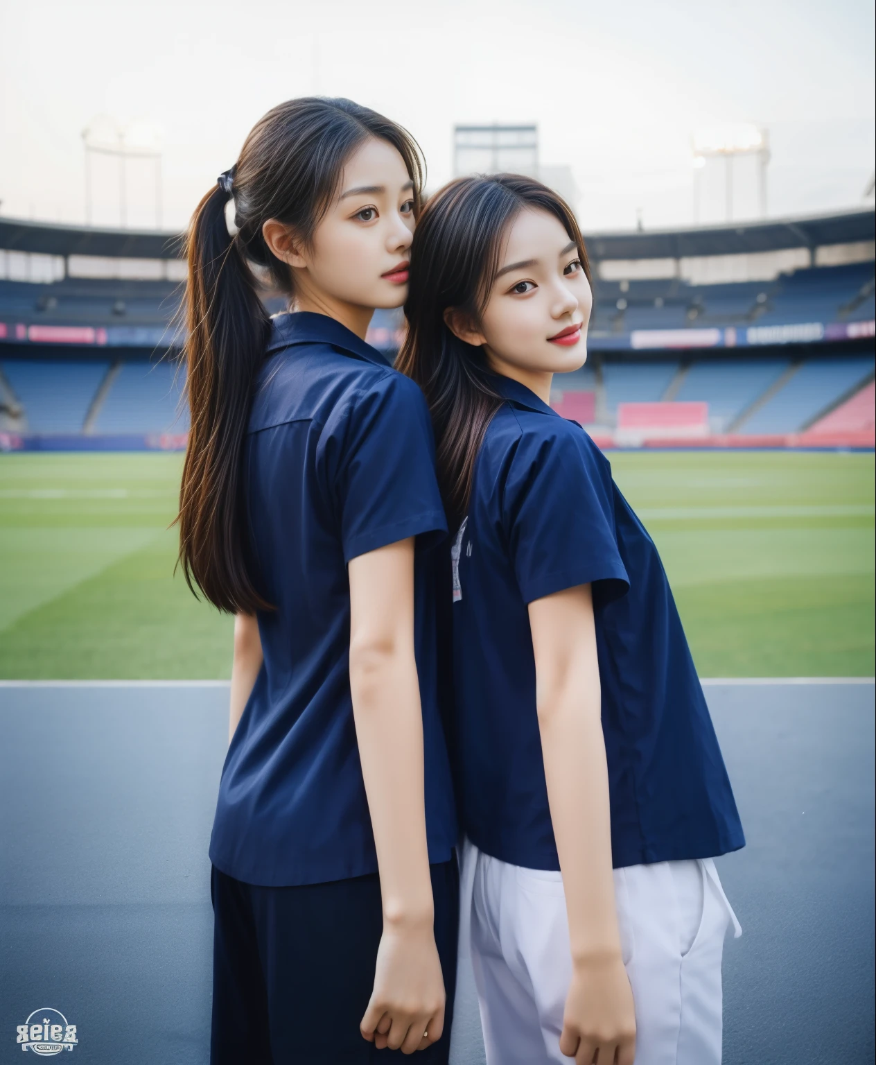 (best quality,10,10,height,Masterpiece:1.2),Special details,(realistic,ภาพrealistic,Realistic photos:1.37),1 cute girl on the football field,Shiny skin,only,smile softly,BDclothelue shirt:1.3)),short sleeve,shirt, กางเกงขาlong.,(navy_long_ติดตามกางเกงขาlong:1.1), ((stadium background:1.3)),Dynamic angle,excited,Face focus,dynamic poses,from behind,focus ass,Masterpiece, best quality, ultra realistic, Too many details, 8k resolution, raw photos, sharp focus, ((Navy blue shirt:1.1)), short sleeve, เส้นทางlong, perfect bodyแบบ, 2 mature women, 18, Cinema-grade lighting system ,กางเกงขาlongวอร์มสีน้ําเงิน,shirtผ้าออกกำลังกาย,correct anatomy,perfect body, correct body, Sharp face, correct bodyทางกายวิภาค, full body, realistic gestures, long-haired, realistic poses,Wear long shorts..............................,ช่วงขาlong,fit,carved girl, Slender figure, model, fit, beautiful body,กางเกงขาlongวอร์มสีน้ําเงิน, two girls kissing