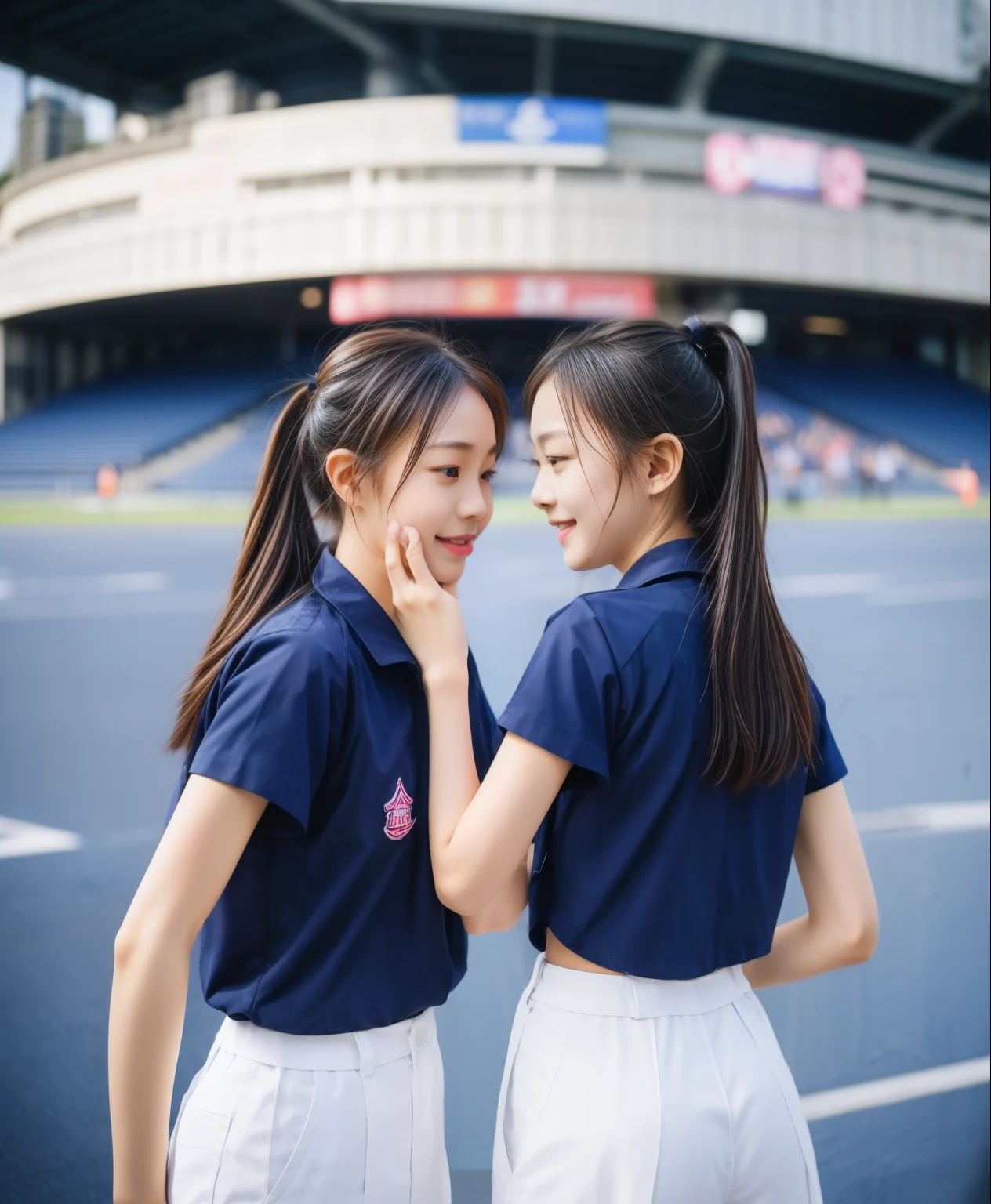 (best quality,10,10,height,Masterpiece:1.2),Special details,(realistic,ภาพrealistic,Realistic photos:1.37),1 cute girl on the football field,Shiny skin,only,smile softly,BDclothelue shirt:1.3)),short sleeve,shirt, กางเกงขาlong.,(navy_long_ติดตามกางเกงขาlong:1.1), ((stadium background:1.3)),Dynamic angle,excited,Face focus,dynamic poses,from behind,focus ass,Masterpiece, best quality, ultra realistic, Too many details, 8k resolution, raw photos, sharp focus, ((Navy blue shirt:1.1)), short sleeve, เส้นทางlong, perfect bodyแบบ, 2 mature women, 18, Cinema-grade lighting system ,กางเกงขาlongวอร์มสีน้ําเงิน,shirtผ้าออกกำลังกาย,correct anatomy,perfect body, correct body, Sharp face, correct bodyทางกายวิภาค, full body, realistic gestures, long-haired, realistic poses,Wear long shorts..............................,ช่วงขาlong,fit,carved girl, Slender figure, model, fit, beautiful body,กางเกงขาlongวอร์มสีน้ําเงิน, two girls kissing