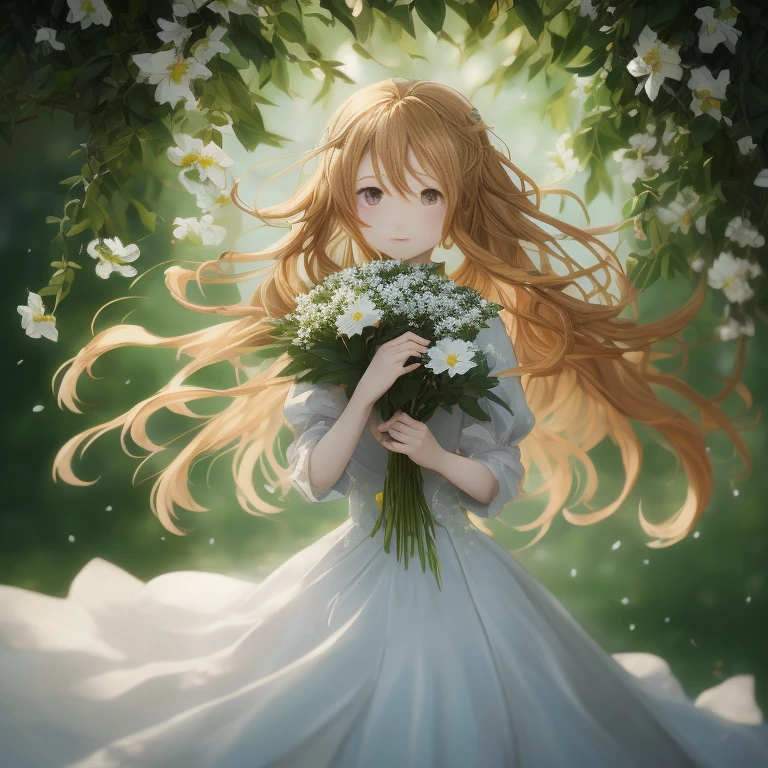 long hair anime girl holding flowers in front of a tree, violet evergarden, Gweiz on pixiv artstation, with flowers, Gweiz on artstation pixiv, loli in a dress, beautiful anime portrait, long hair anime girl, Also, Trending with Art Station Pixiv, blonde long hair anime girl, Gweiz