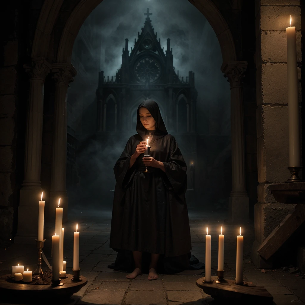 masterpiece, best quality, beautiful very young blonde girls dressed in mysterious robes in a huge old gothic style cathedral, candle lighting, sacrificial ritual, strange ceremony, fog and cold, highly detailed, photorealism, photographic look, RAW style , fog and cold.