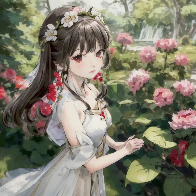 anime girl in white dress holding flowers in front of a bush, guweiz, guweiz on pixiv artstation, artwork in the style of guweiz, guweiz on artstation pixiv, with flowers, cute anime waifu in a nice dress, beautiful anime portrait, she the center of the garden, beautiful anime girl