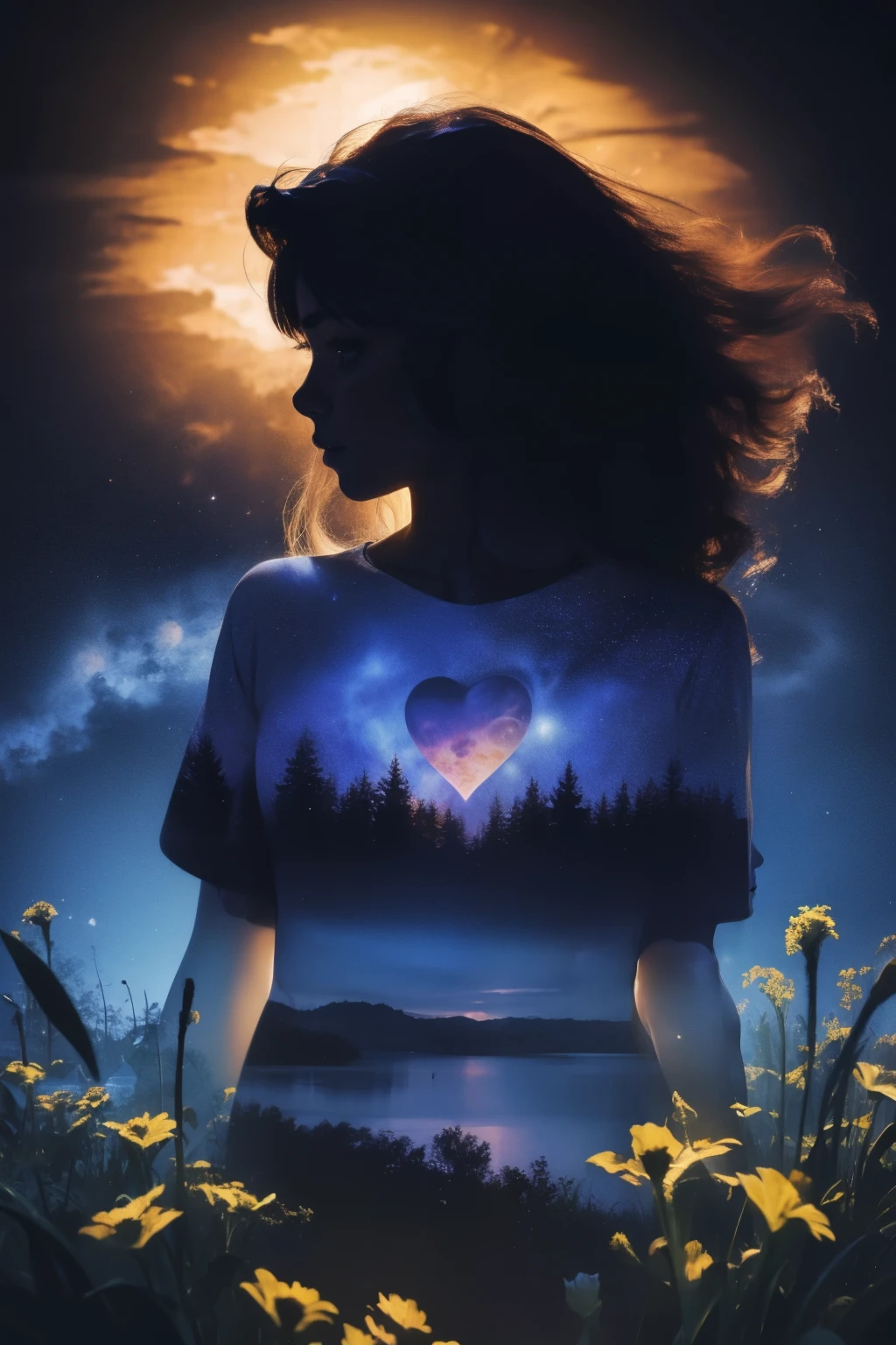 Solo African American girl ((a solo heart-shaped moon on her chest)), long hair full of stars, darken silhouette, heavenly city and starry night by Vincent Van Gogh, 
Bokeh flower, gradient black and blue color background, uhd, surreal, fractal, high detailed masterpiece 