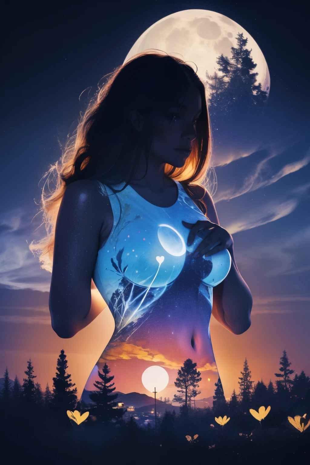 Solo African American girl with dark skin ((a solo heart-shaped moon on her chest)), darken silhouette, heavenly city and starry night by Vincent Van Gogh,
Bokeh flower, gradient black and blue color background, uhd, surreal, fractal, high detailed masterpiece