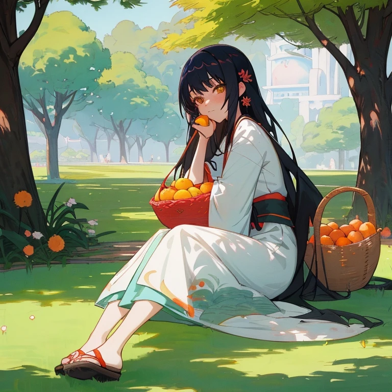 anime girl sitting on the grass with a basket of fruit, artwork in the style of guweiz, guweiz, palace , a girl in hanfu, ehime, guweiz on pixiv artstation, anime visual of a cute girl, guweiz masterpiece, official art, hinata hyuga, guweiz on artstation pixiv