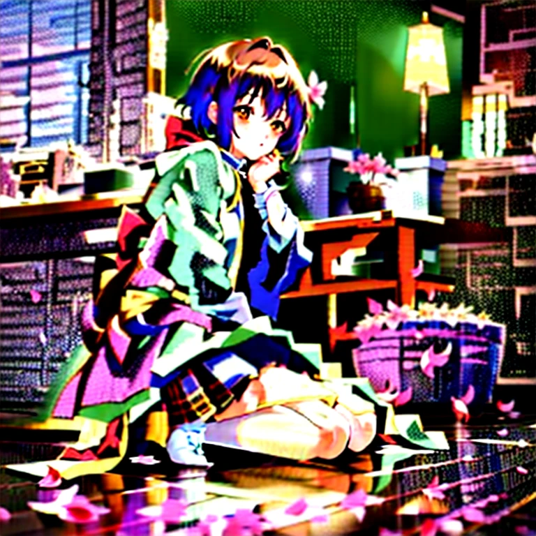 anime girl sitting on the floor with her hand on her chin, rin, anime visual of a cute girl, sakura petals around her, sayori, young anime girl, best anime 4k konachan wallpaper, anime moe artstyle, cute anime girl, (anime girl), the anime girl  crouching, female protagonist 👀 :8